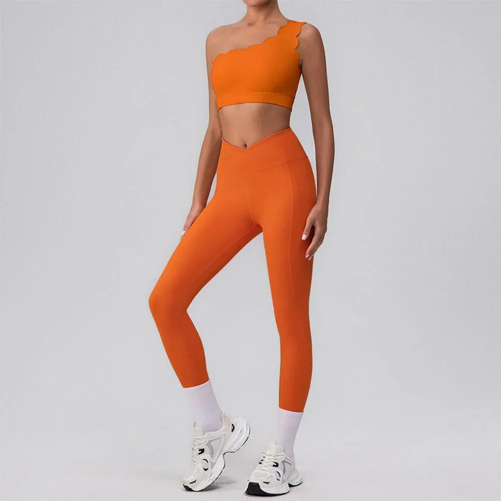 Activewear Sets with One Shoulder Sports Bra and Leggings - Orange Red