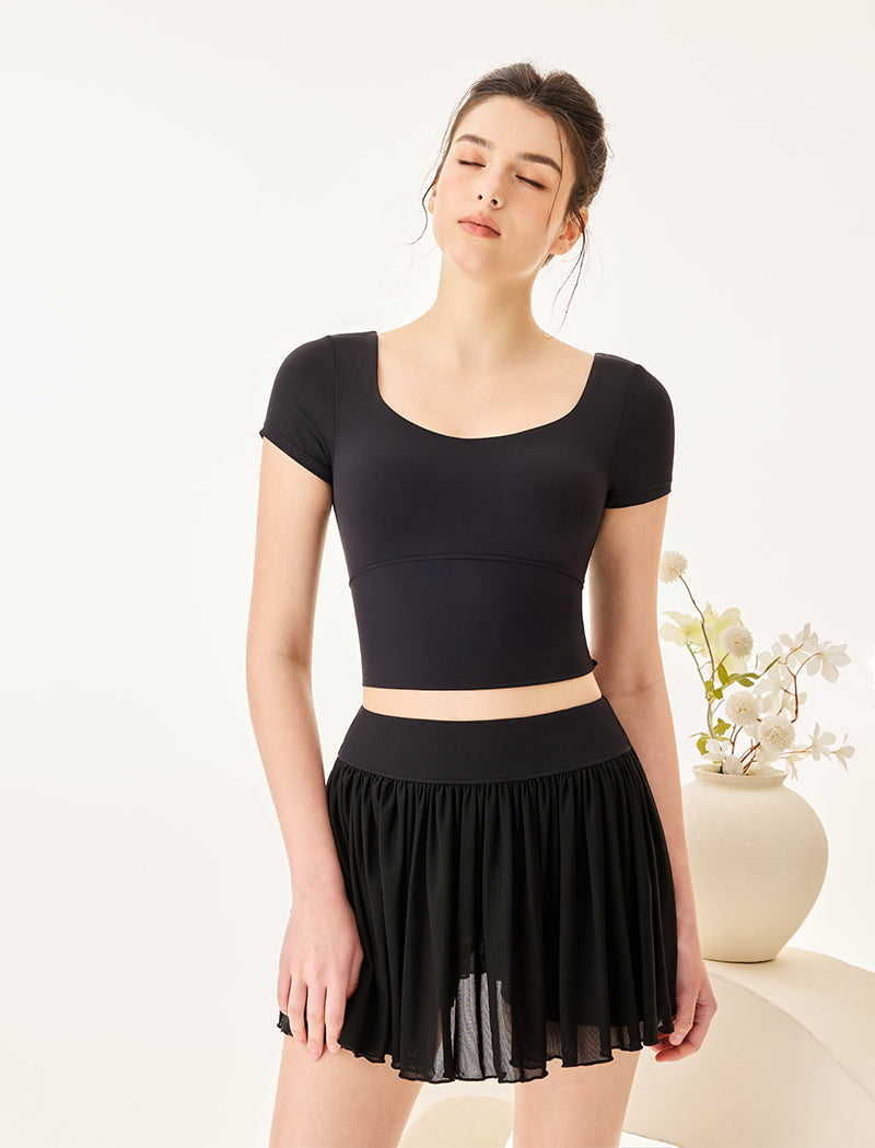 Activewear Set with Short Sleeve Crop T-Shirt and Skirt - Black