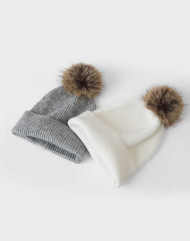 Winter Knitted Beanie Hat with Faux Fur Pom