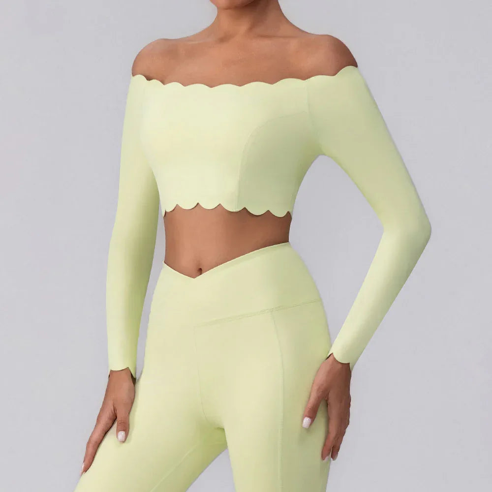 Off Shoulder Crop Tops Long Sleeve Shirt with Removable Cups -