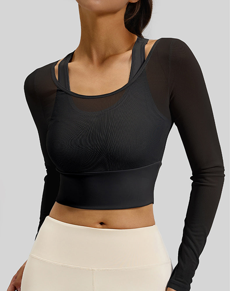 Long Sleeve Yoga Crop Tops Mesh Athletic T-Shirts