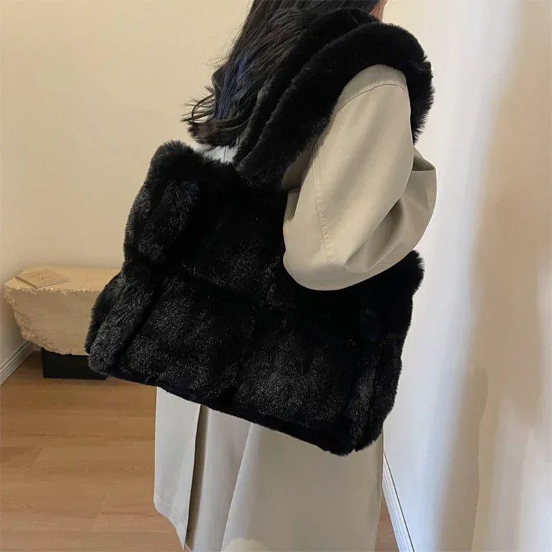 Winter Soft Plush Shoulder Handbag Bag Large Fluffy Tote Bag -