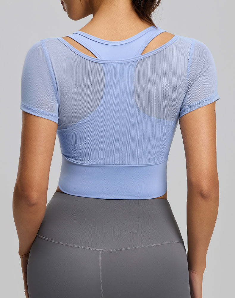 Short Sleeve Yoga Crop Tops Mesh Athletic T-Shirts