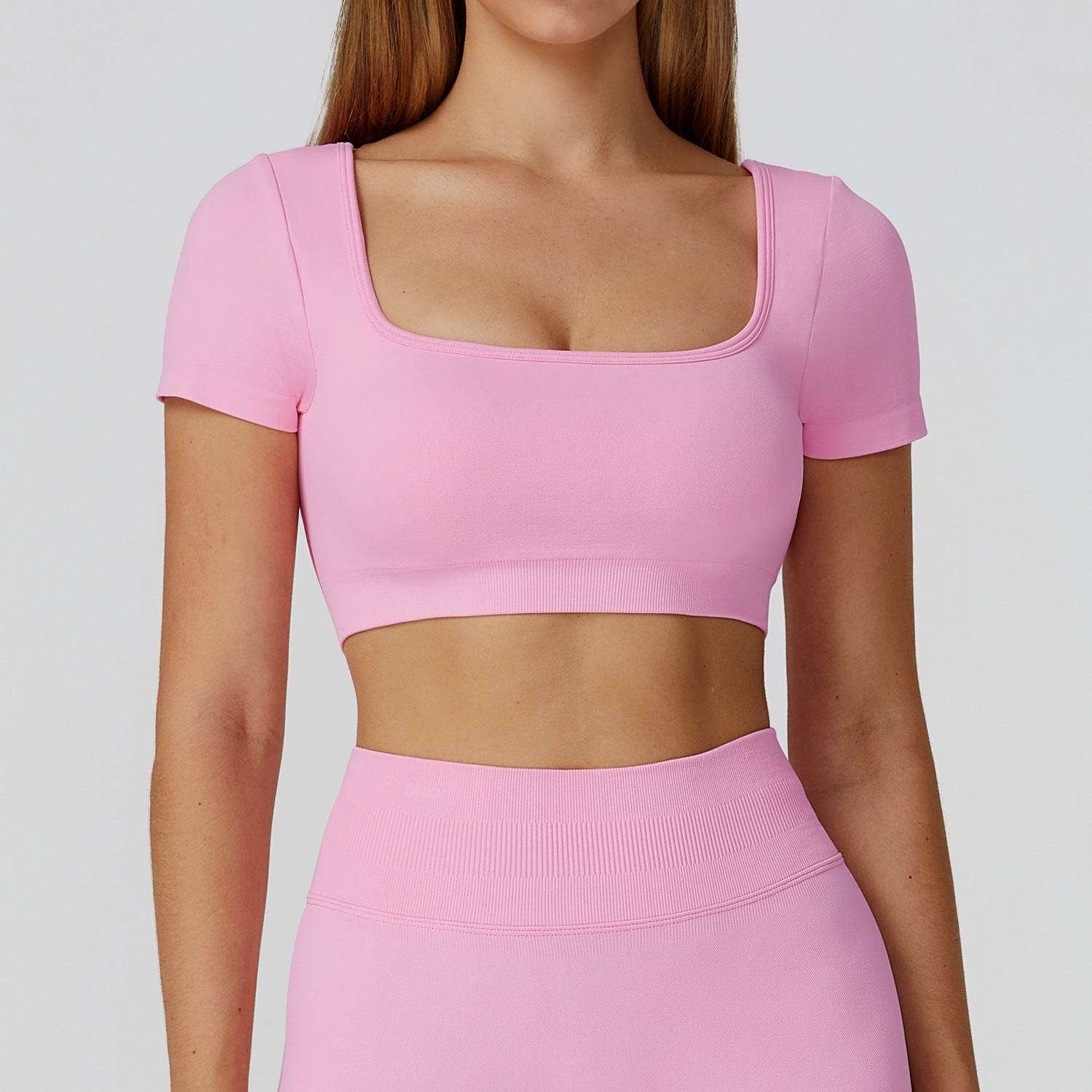 Short Sleeve Crop Top Yoga T-Shirt with Built in Bra