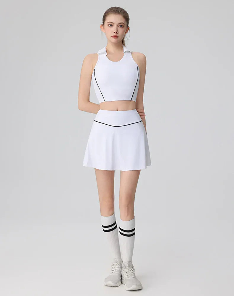 Tennis Sets with Polo Collared Crop Tank Top and Golf Skirt - White