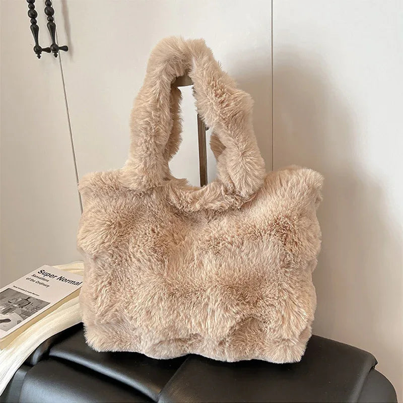 Fluffy Tote Bag Large Fur Winter Fuzzy Shoulder Handbag - Burnt Yellow