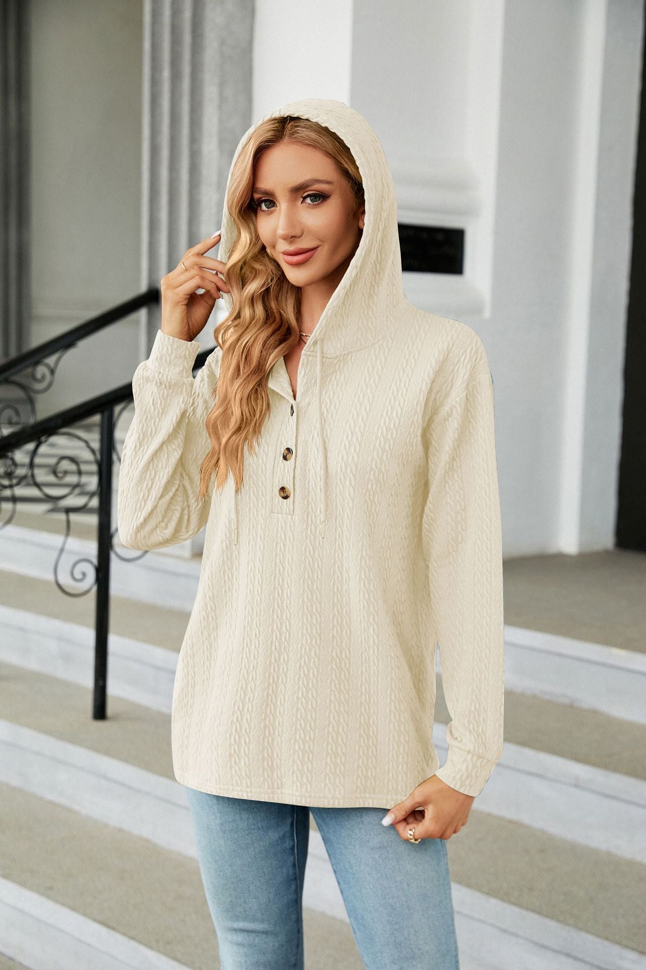 Button Hooded Sweatshirt Loose Long Sleeve Casual Tops