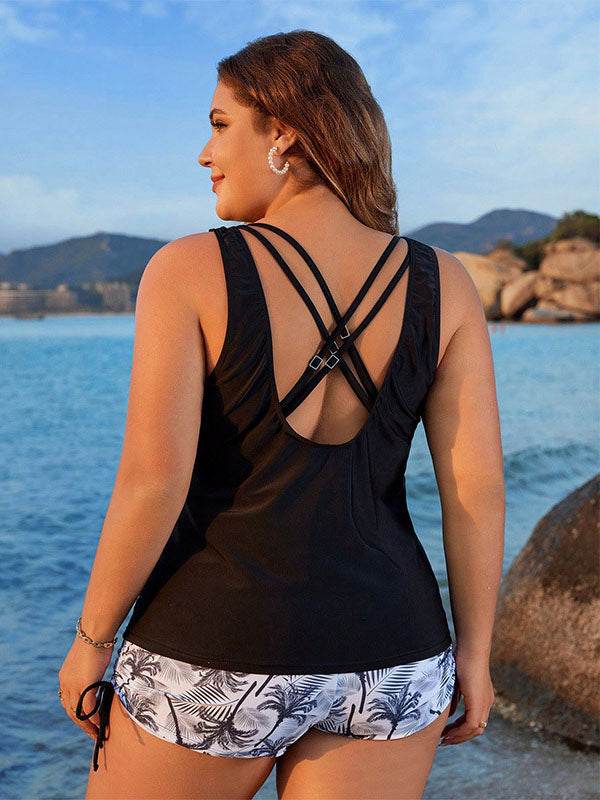 Plus Size Three Piece Coconut Tree Tankini Swimsuits with Short