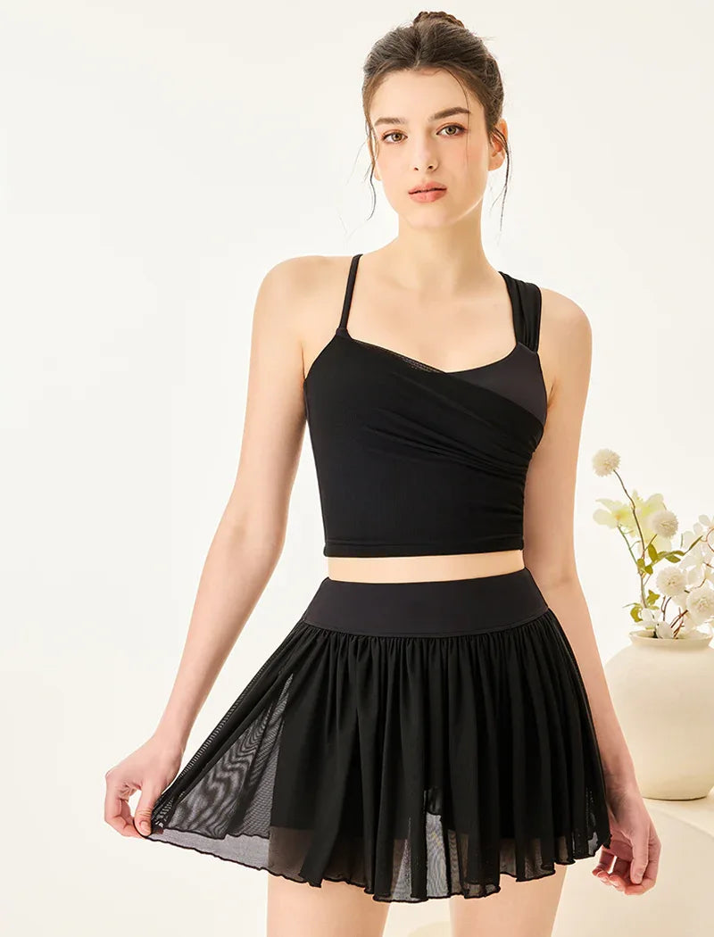 Mesh Tennis Set with Asymmetrical Strap Tank Top and Skirt - Black