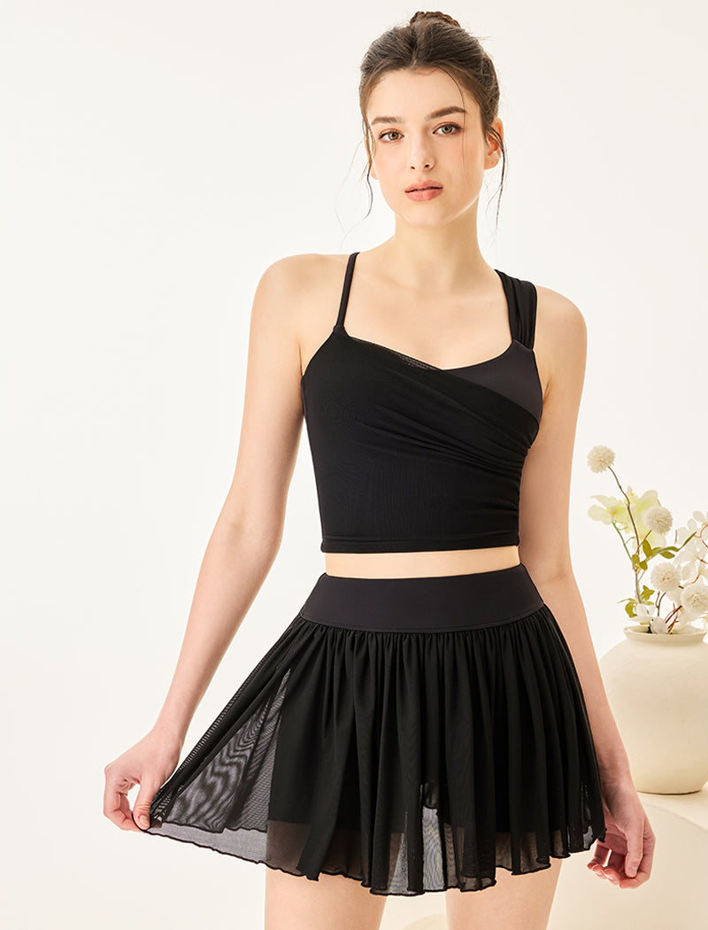 Mesh Tennis Set with Asymmetrical Strap Tank Top and Skirt