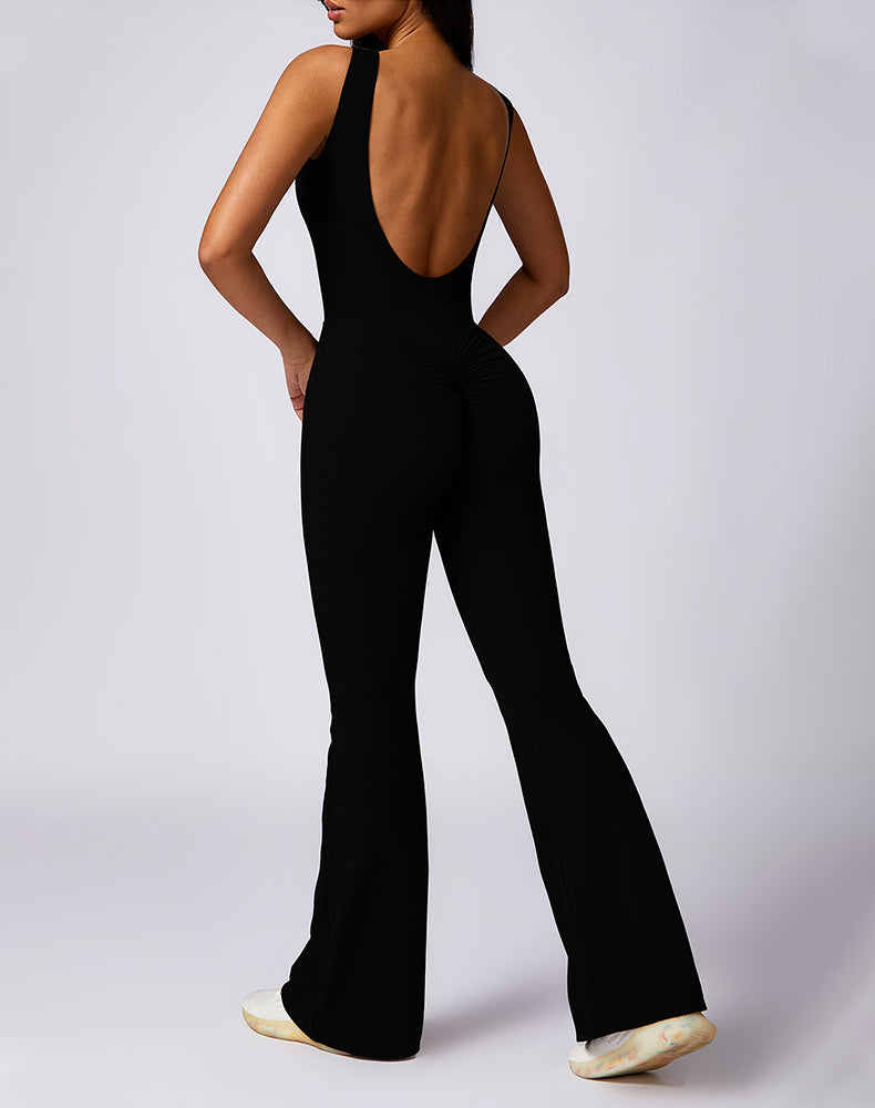 Backless Yoga Flare Jumpsuit Sleeveless Workout Romper