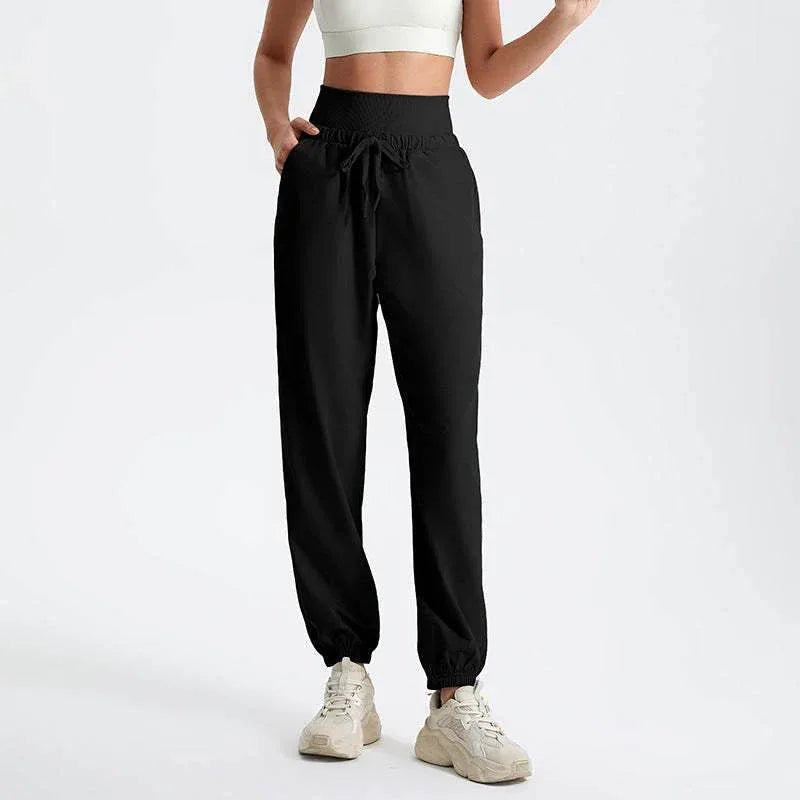 Casual High Waist Sweatpants with Drawstring - Black
