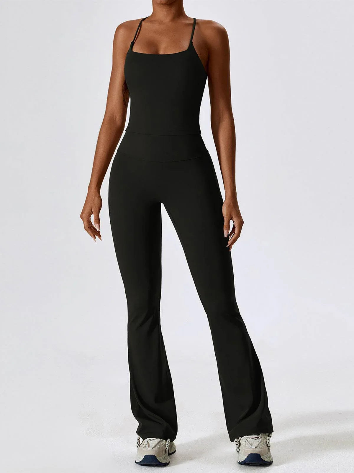 Sport Set with Crossover Strap Tank Top and Flared Pant - Black