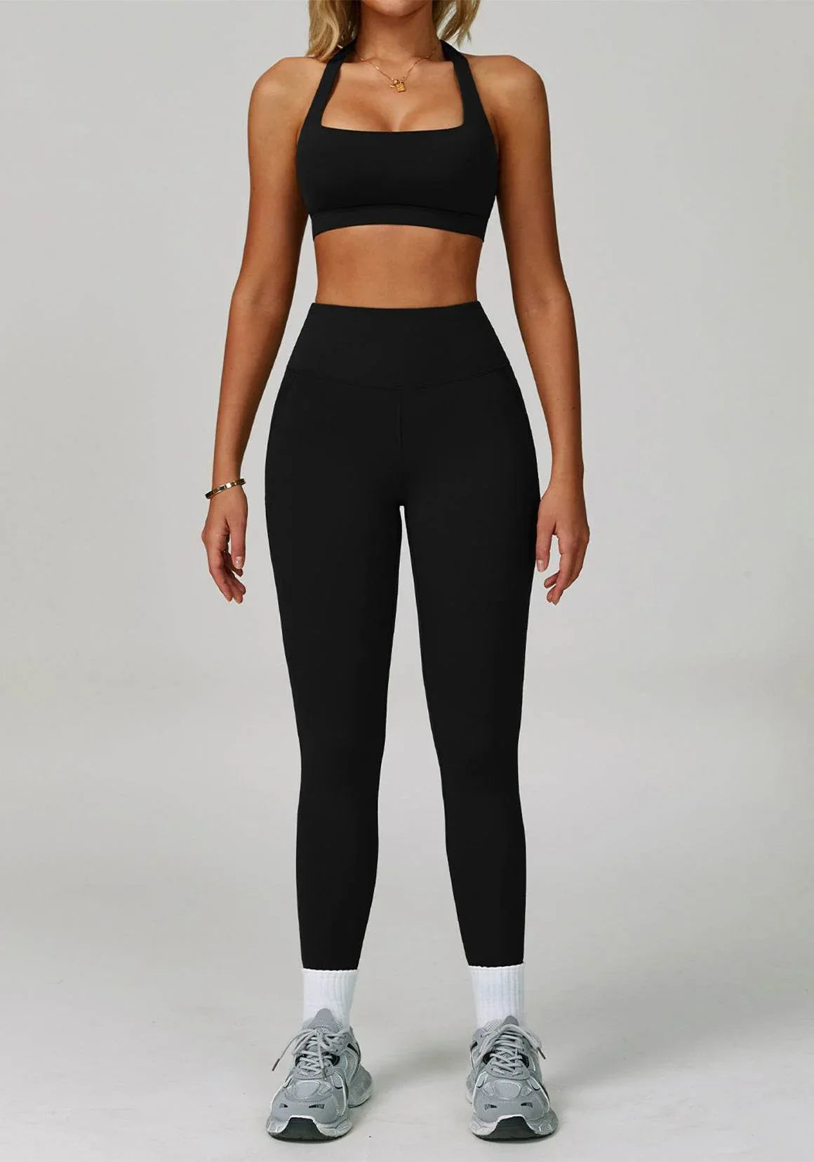 Activewear Set with Halter Sports Bra and Legging - Black