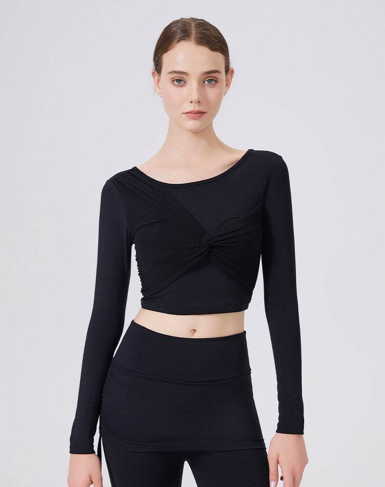 Mesh Twist Front Long Sleeve T-Shirts Round Neck Crop Tops - Black