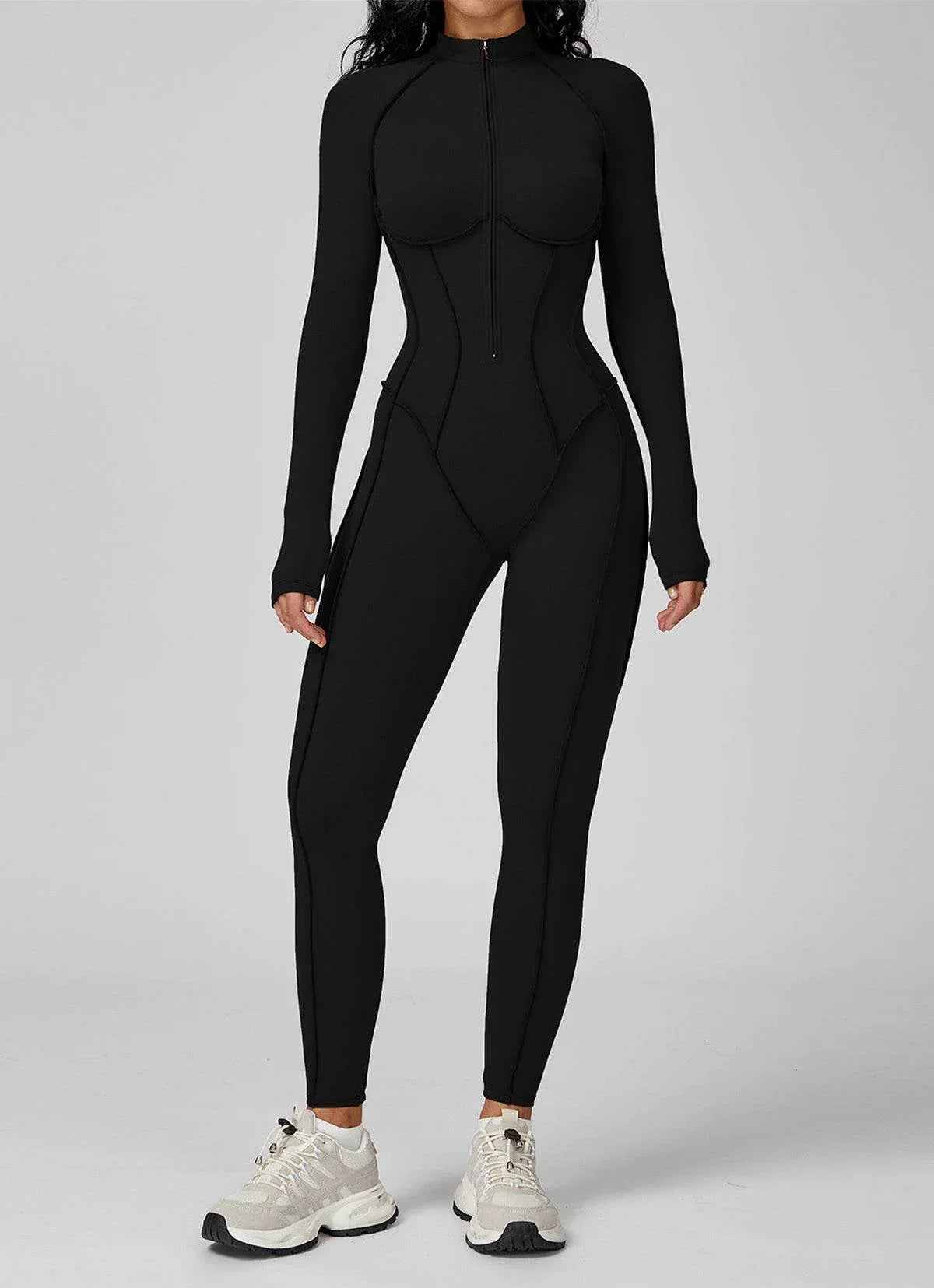 Long Sleeve Zip Front Sport Jumpsuits One Yoga Rompers - Black