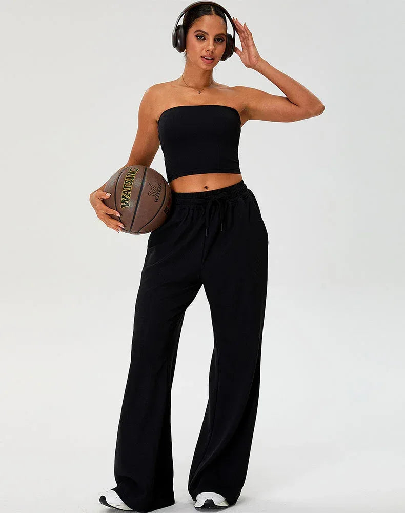 Activewear Set with Strapless Crop Tube Top and Sweatpant - Black