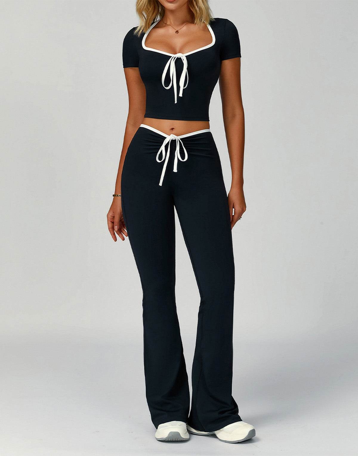 2 Pieces Activewear Set with Bow Crop Tops and Flare Pants