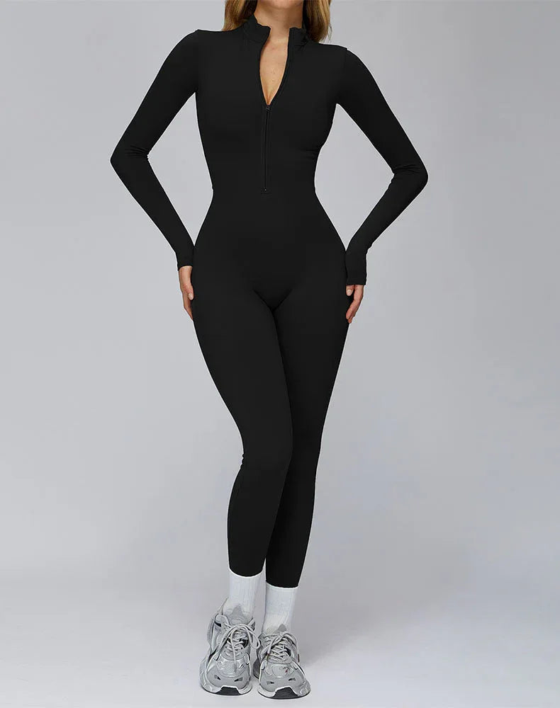 Long Sleeve Yoga Jumpsuit Zip Up Bodysuit with Chest Pads - Black