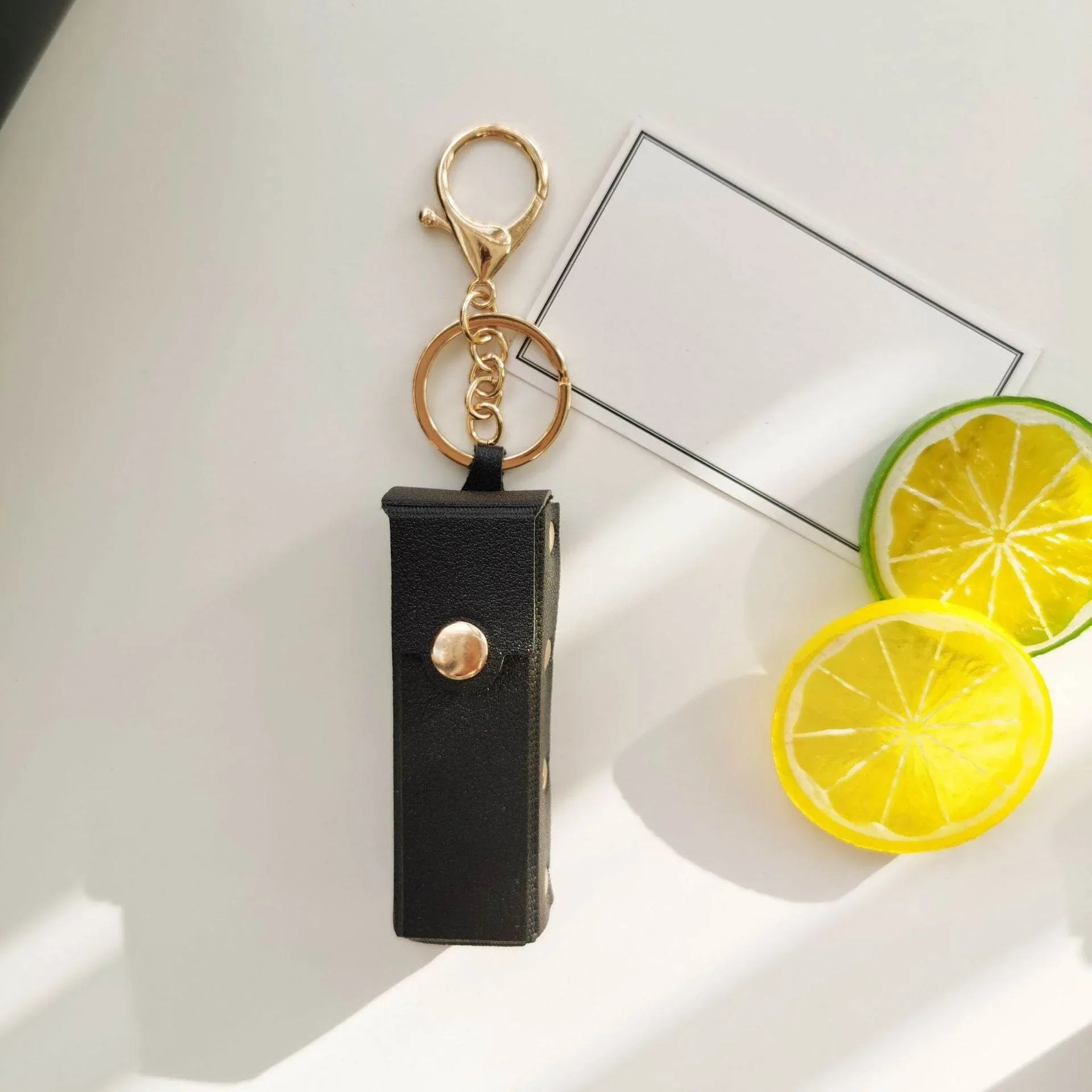 PU Leather Lipstick Holder Keychain - Black