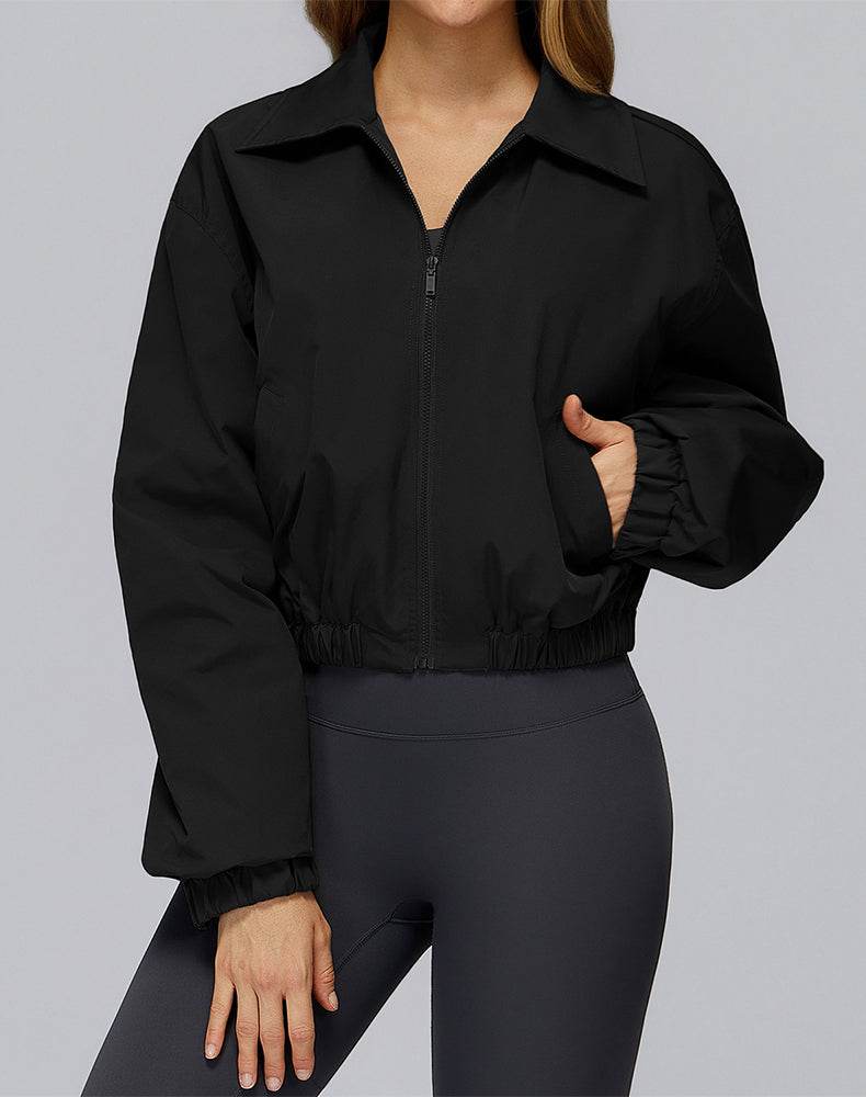 Stand Collar Casual Jacket Long Sleeve Tight Hem Crop Tops - Black