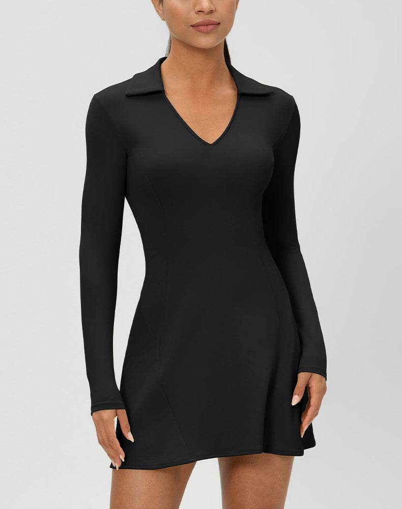 Long Sleeve V Neck Tennis Dress - Black