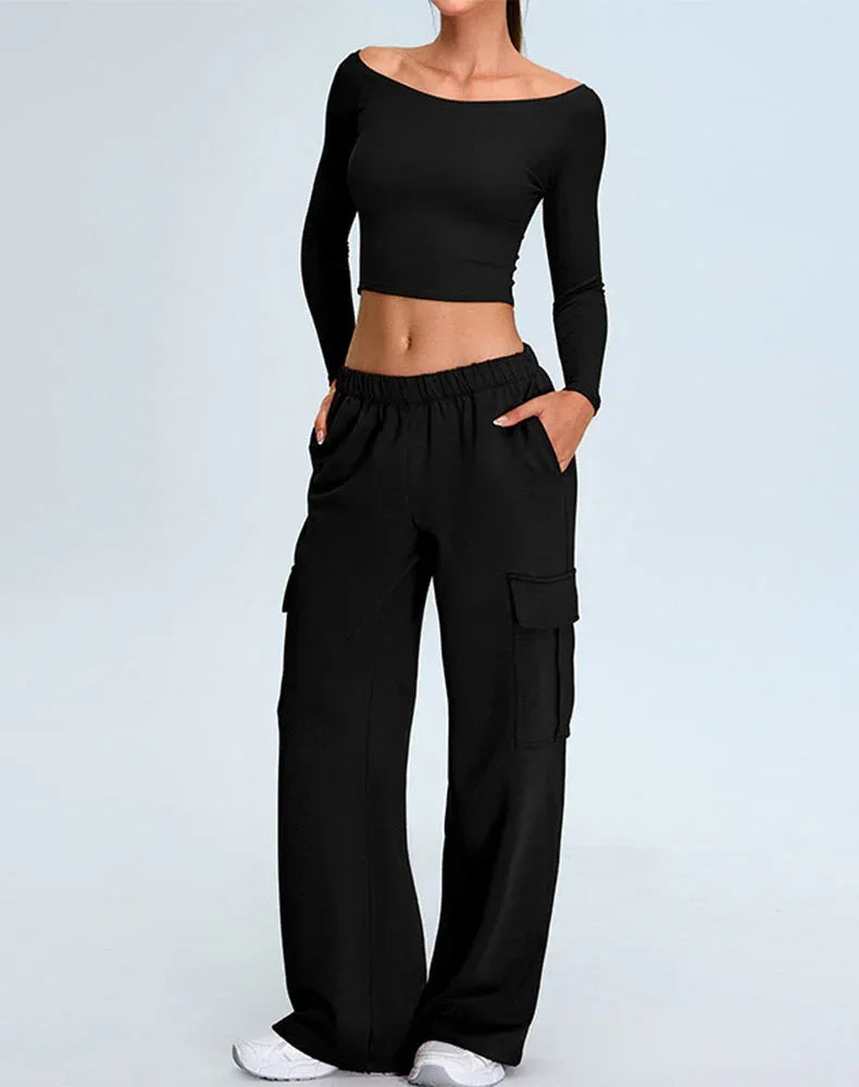 Activewear Set with Off-Shoulder Top and Sweatpant - Black