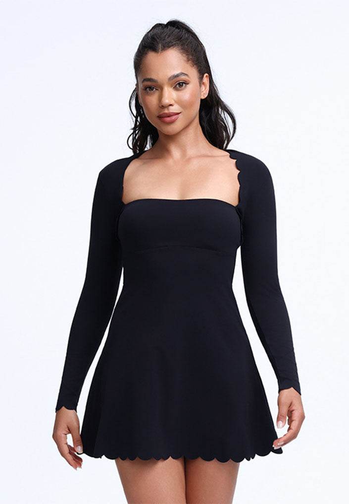 Scalloped Wavy Edge Long Sleeve Tennis Dress - Black