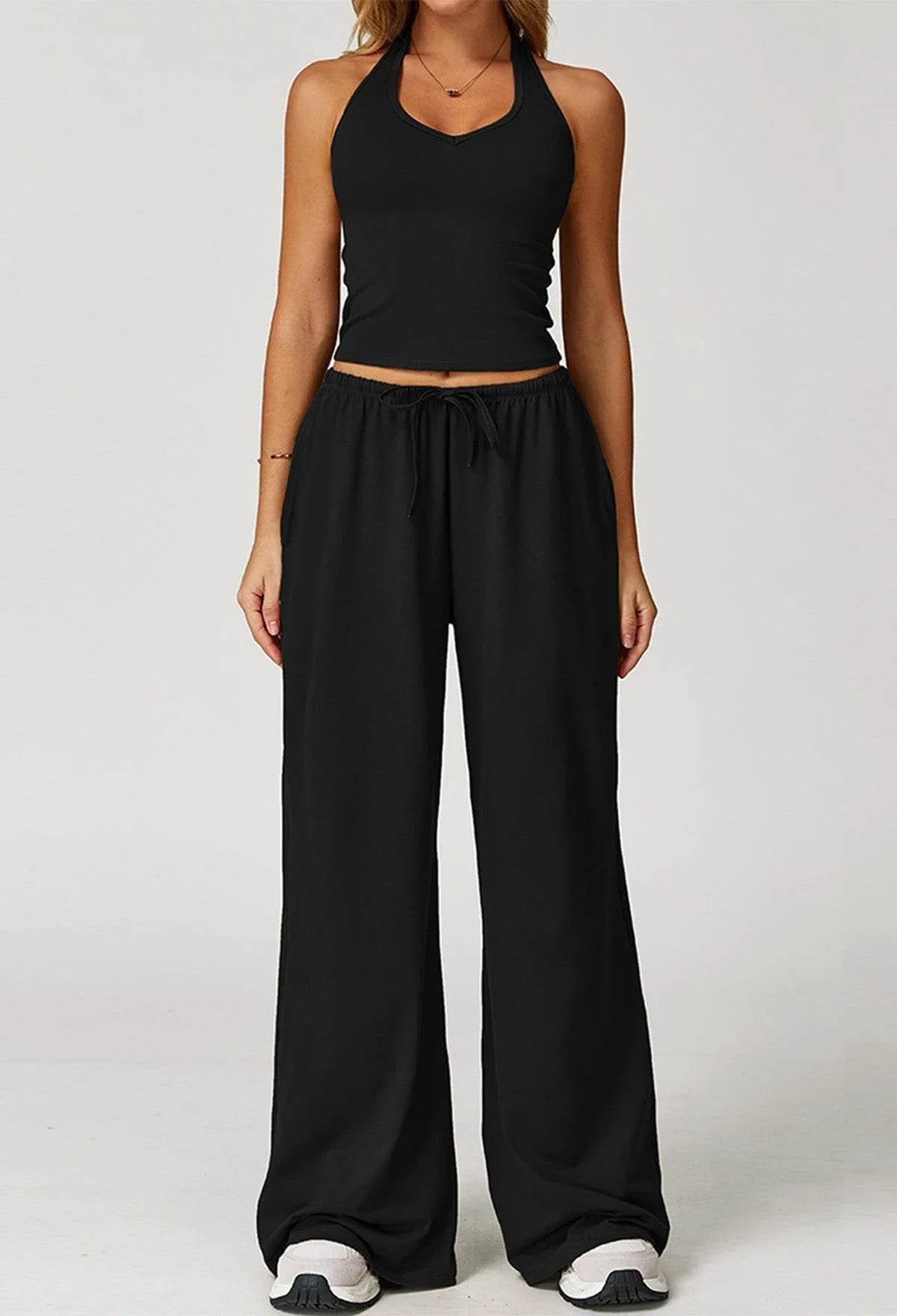 Activewear Wear with Tank Top and Wide Leg Lounge Pants - Black