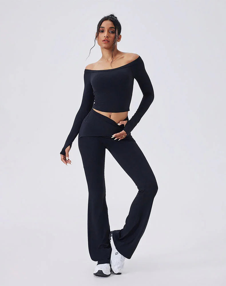 Activewear Set with Off-Shoulder Top and Flare Pant