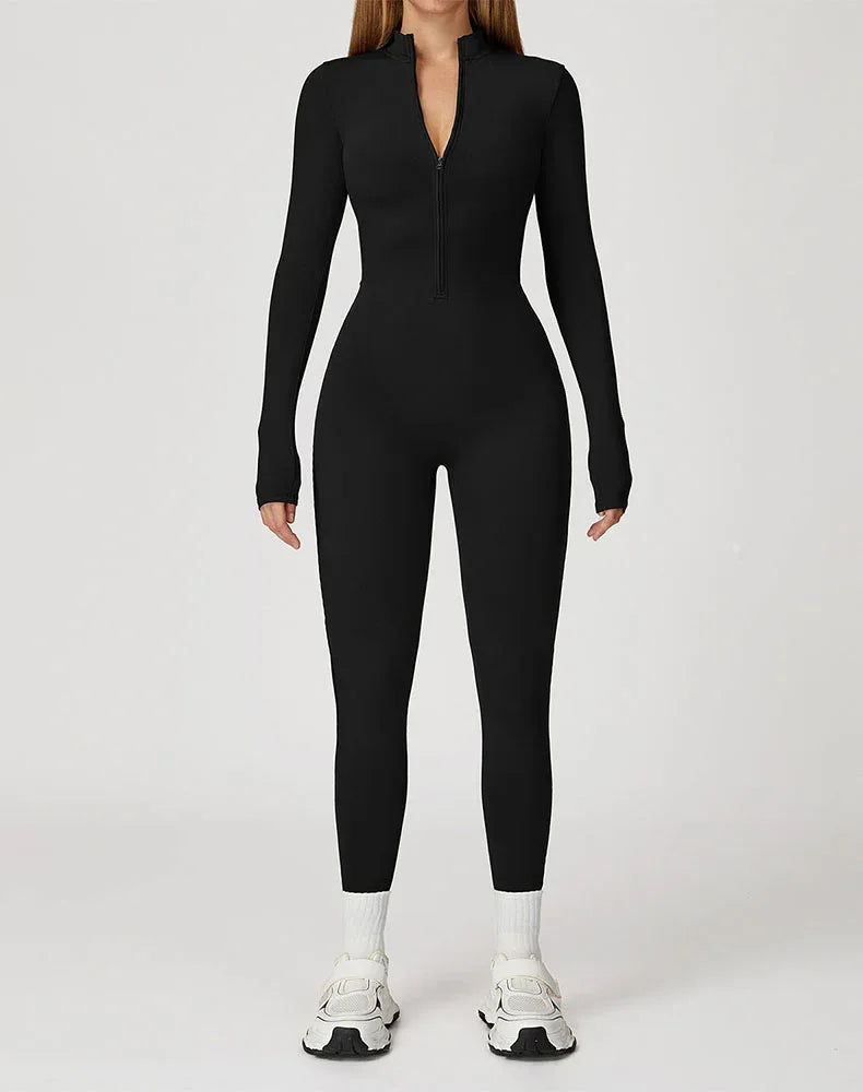 Long Sleeve Workout Jumpsuit Zip Up One Piece Bodysuit - Black