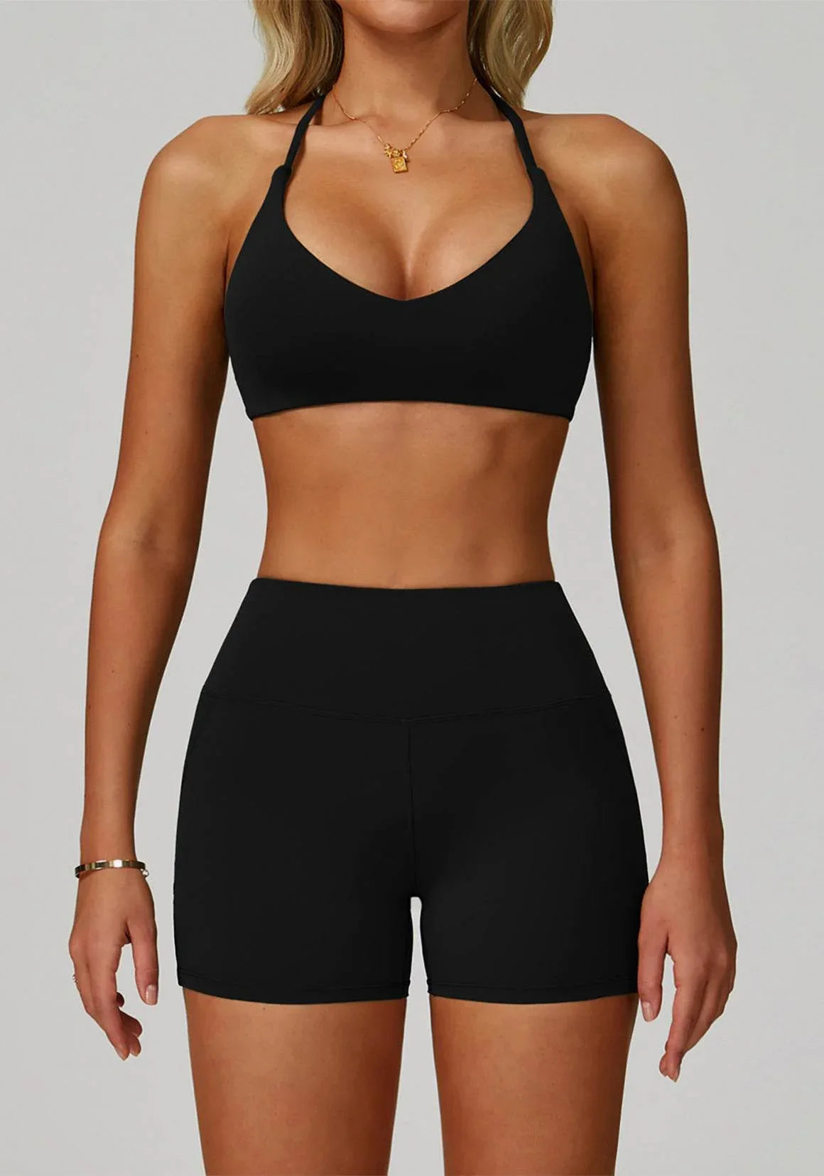 Activewear Set with Cross Back Sports Bra and Short - Black