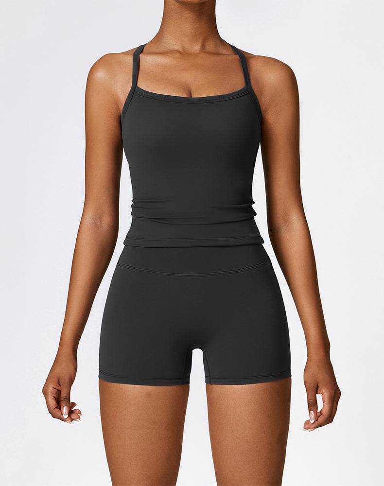 Athletic Wear with Criss Cross Back Tank Top and Short - Black