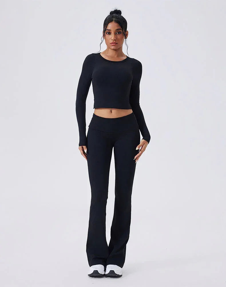 Activewear Set with Backless Top and Low-Waisted Flare Pant - Black