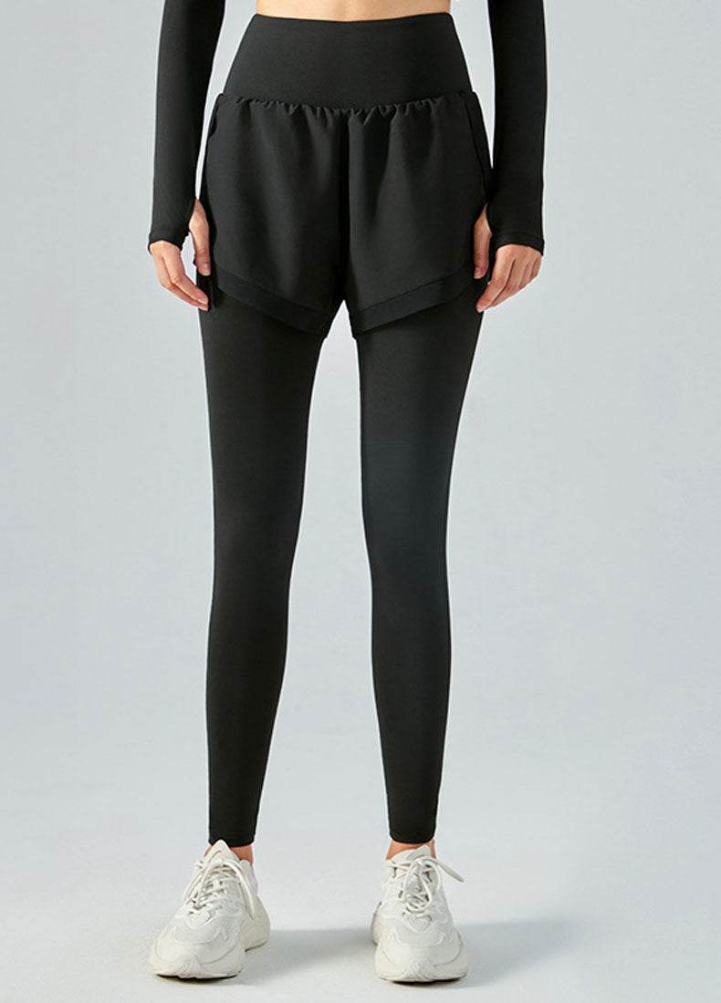 False Two Pieces Sports Leggings with Pockets Shorts