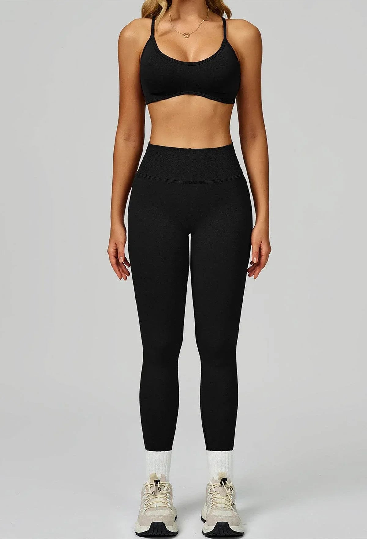 Sport Set with Color Block Sports Bras and Legging - Black