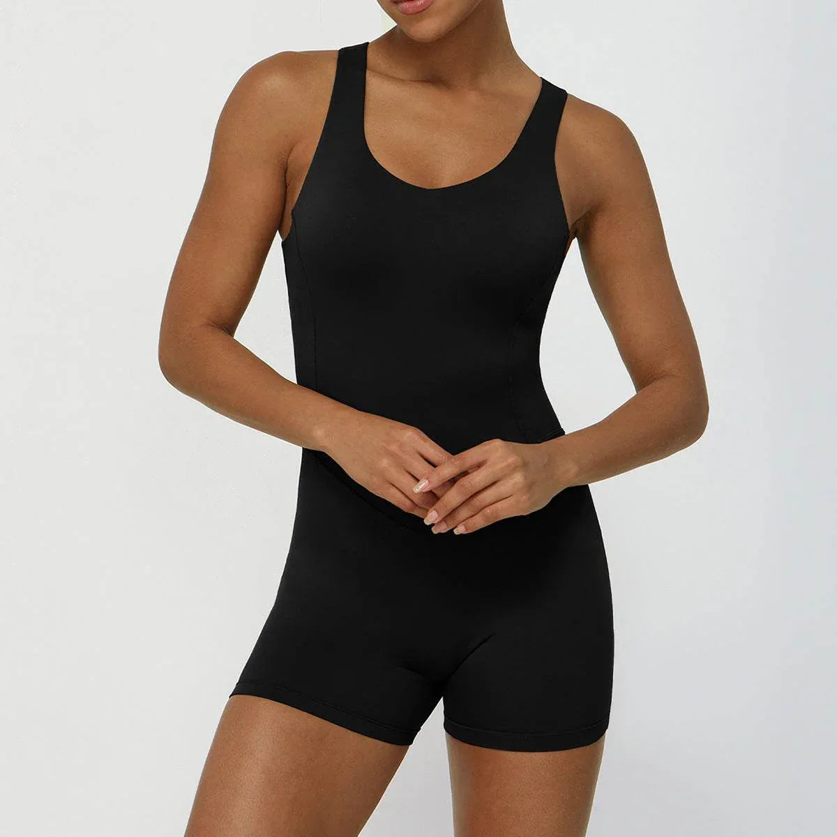 Hollow Back One Piece Workout Short Jumpsuit - Black