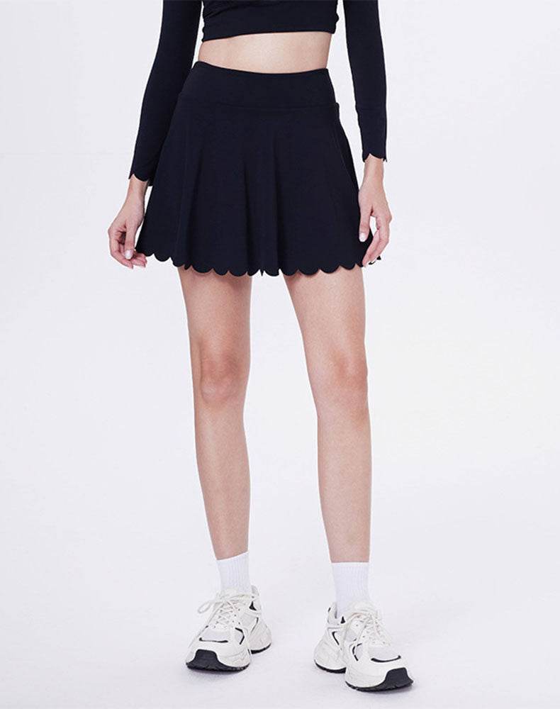 Mini Scalloped Hem Athletic Tennis Skirts with Short - Black