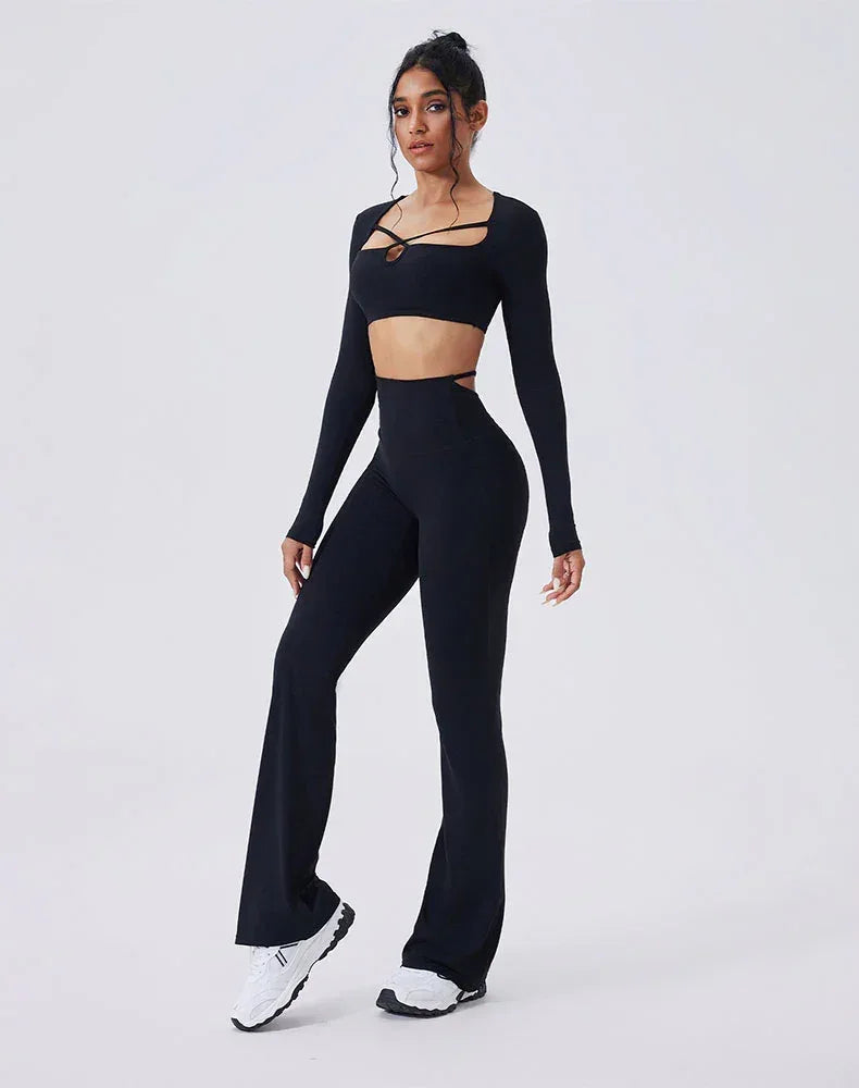 Activewear Set with crisscross thin strap Top and Flare Pant - Black