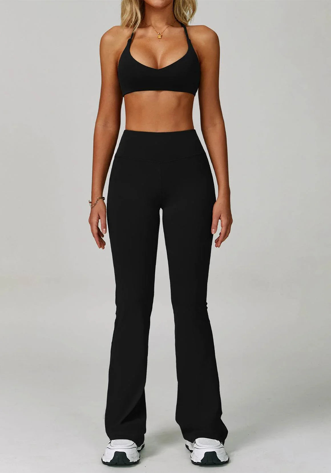 Activewear Set with Cross Back Sports Bra and Flared Pant - Black