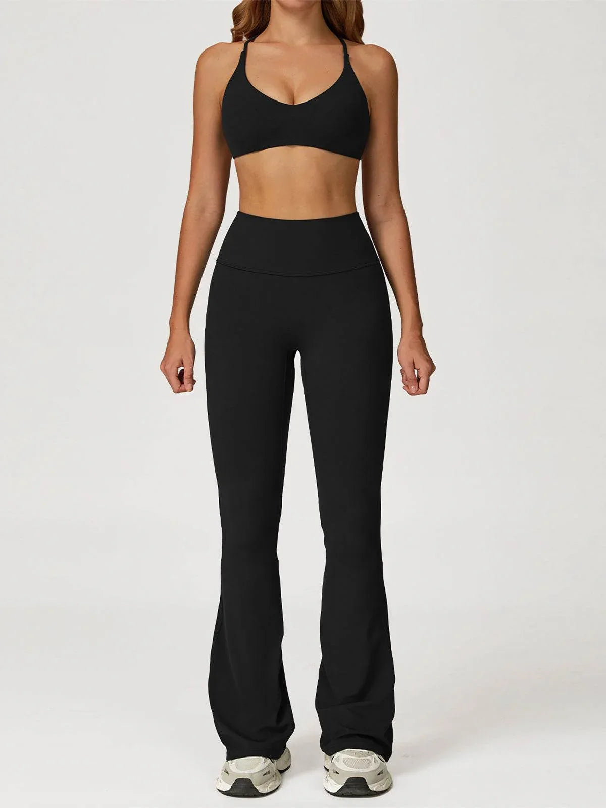 Activewear Sets with Cross Back Sports Bra and Flared Pant - Black