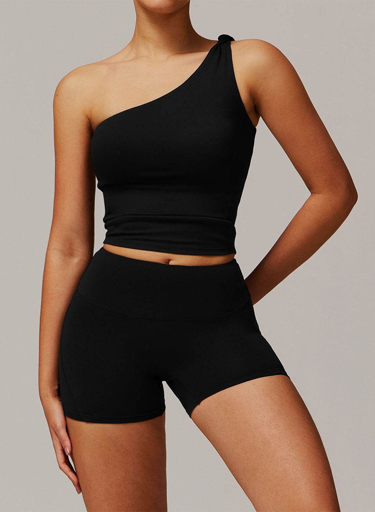 Active Wear Set with One Shoulder Knot Design Tank Top and Shorts