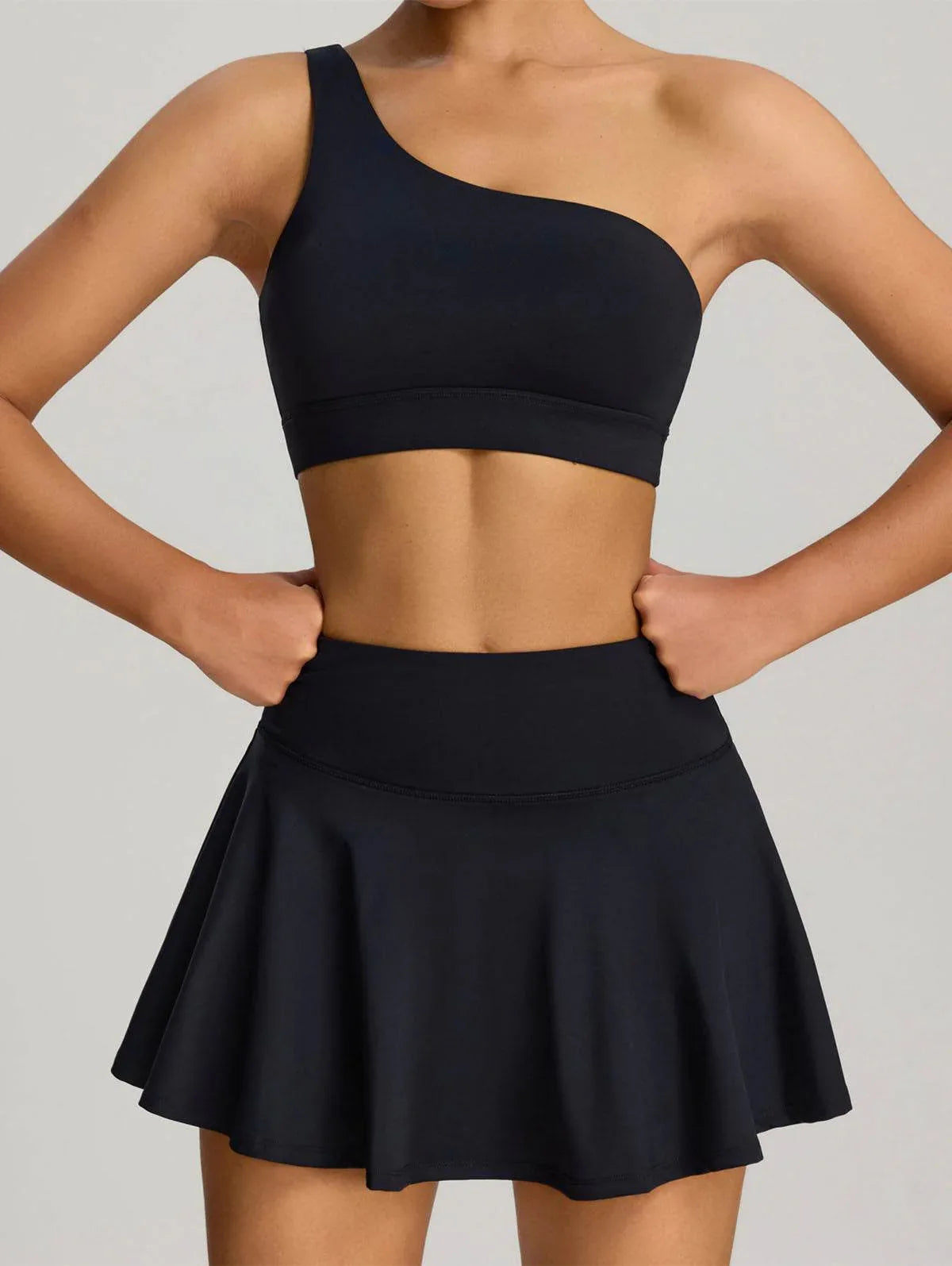 Sport Wear Set with One Shoulder Strap Bra and Skirt - Black