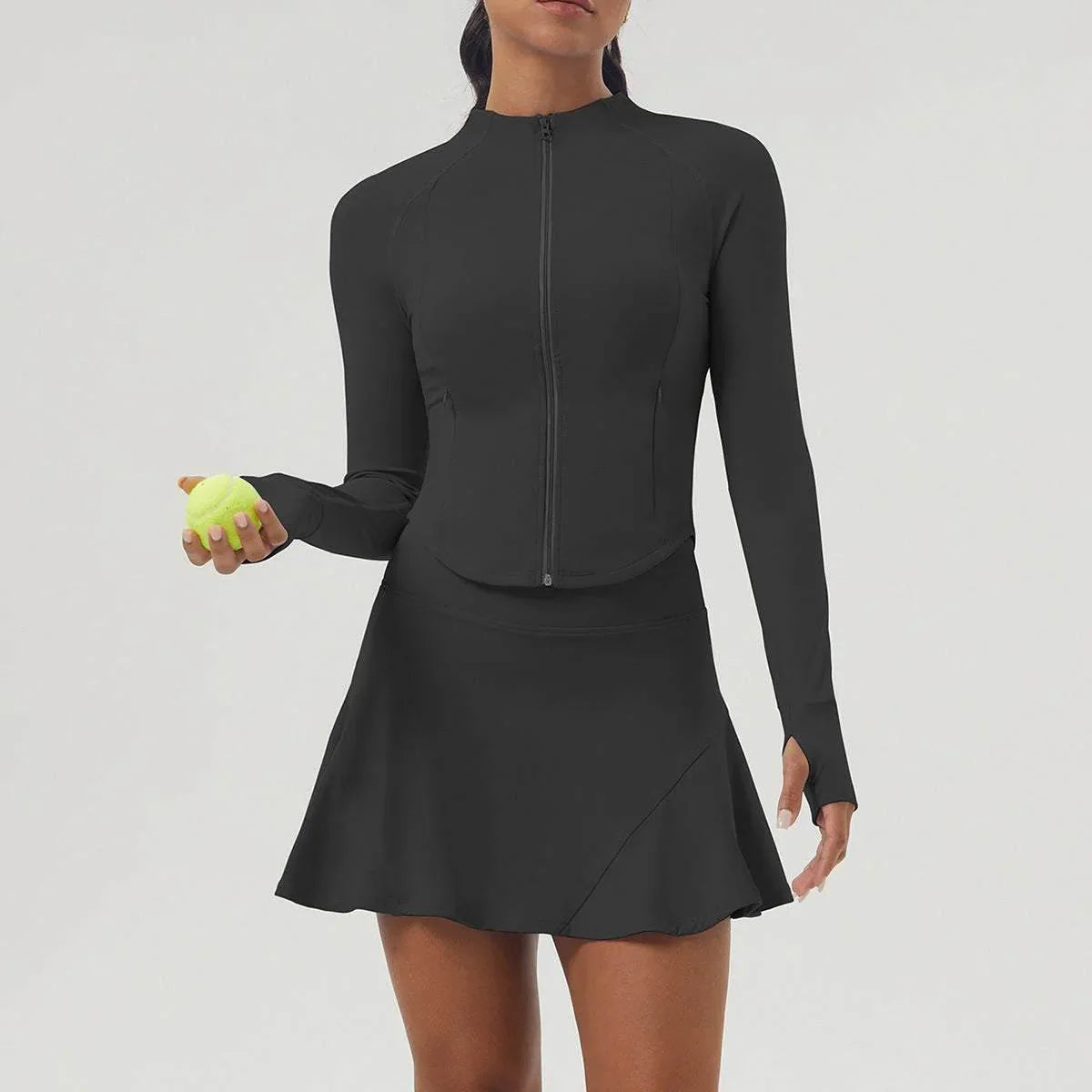Sports Tennis Dress Set With Jacket and Skirt - Black