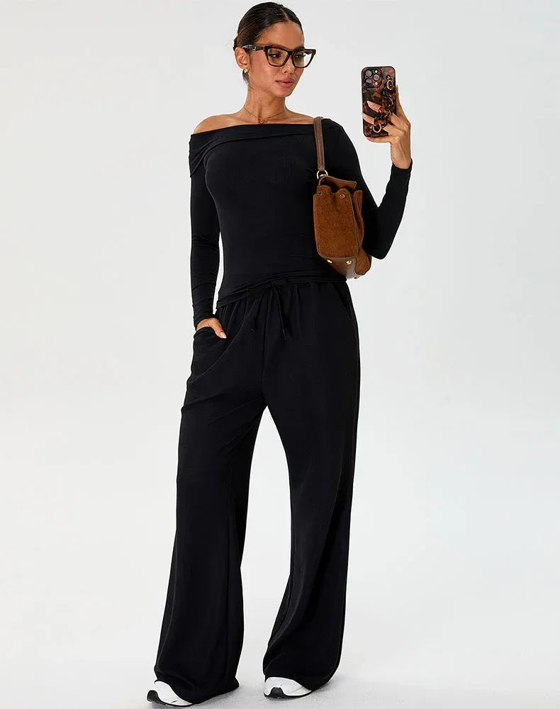 Activewear Set with Asymmetrical Shoulder Top and Sweatpant - Black