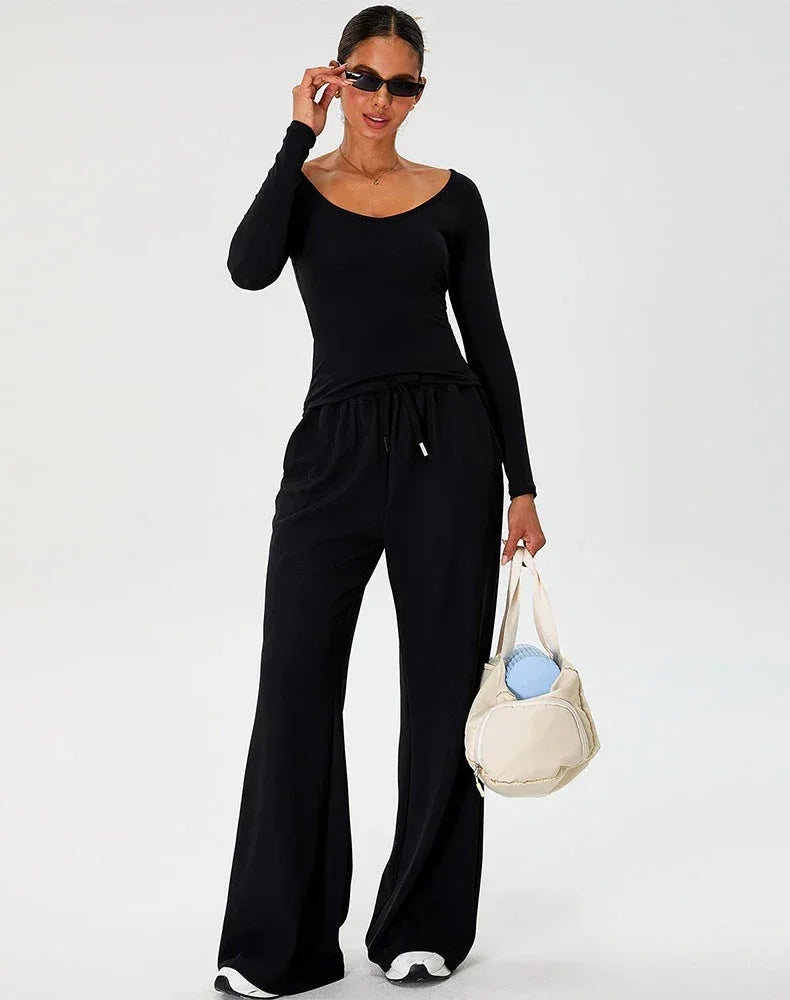 Activewear Set with Curved Neckline Top and Sweatpant - Black