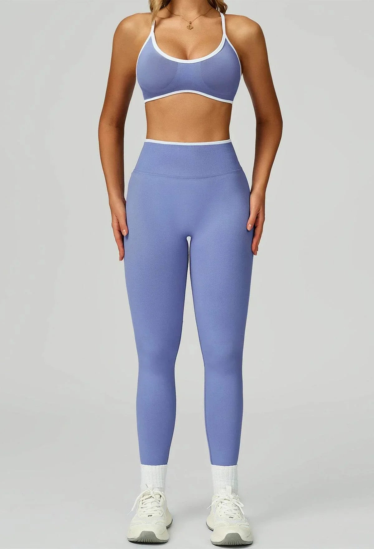 Sport Set with Color Block Sports Bras and Legging - White Blue