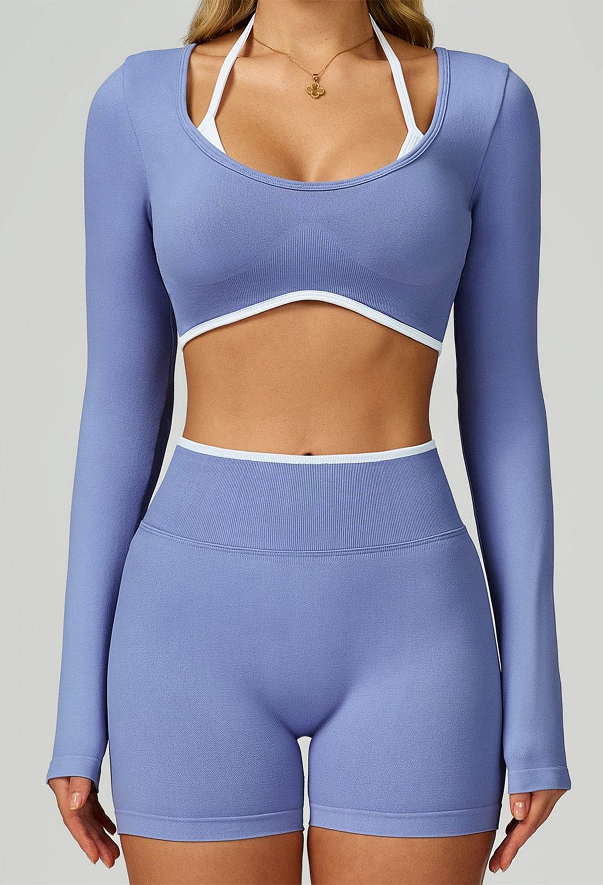 Sport Set with Color Block Long Sleeve T-Shirt and Short - White Blue