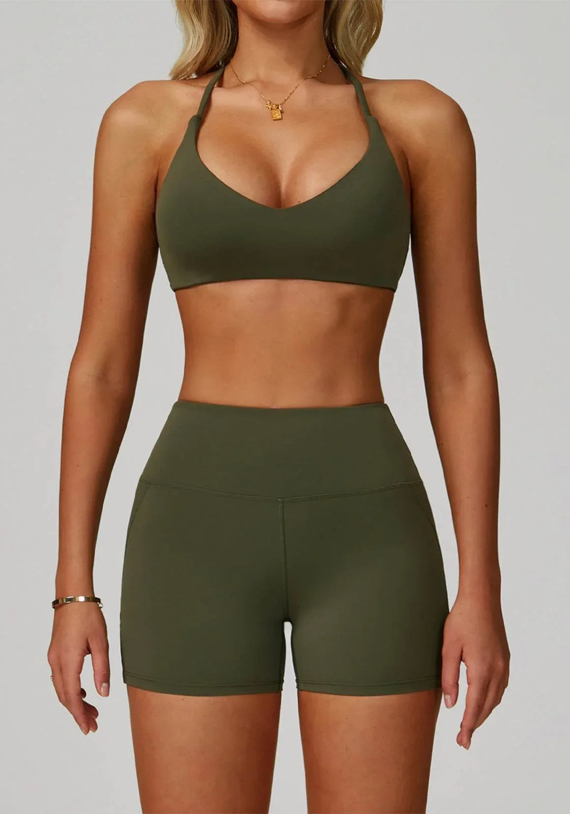 Activewear Set with Cross Back Sports Bra and Short - Green