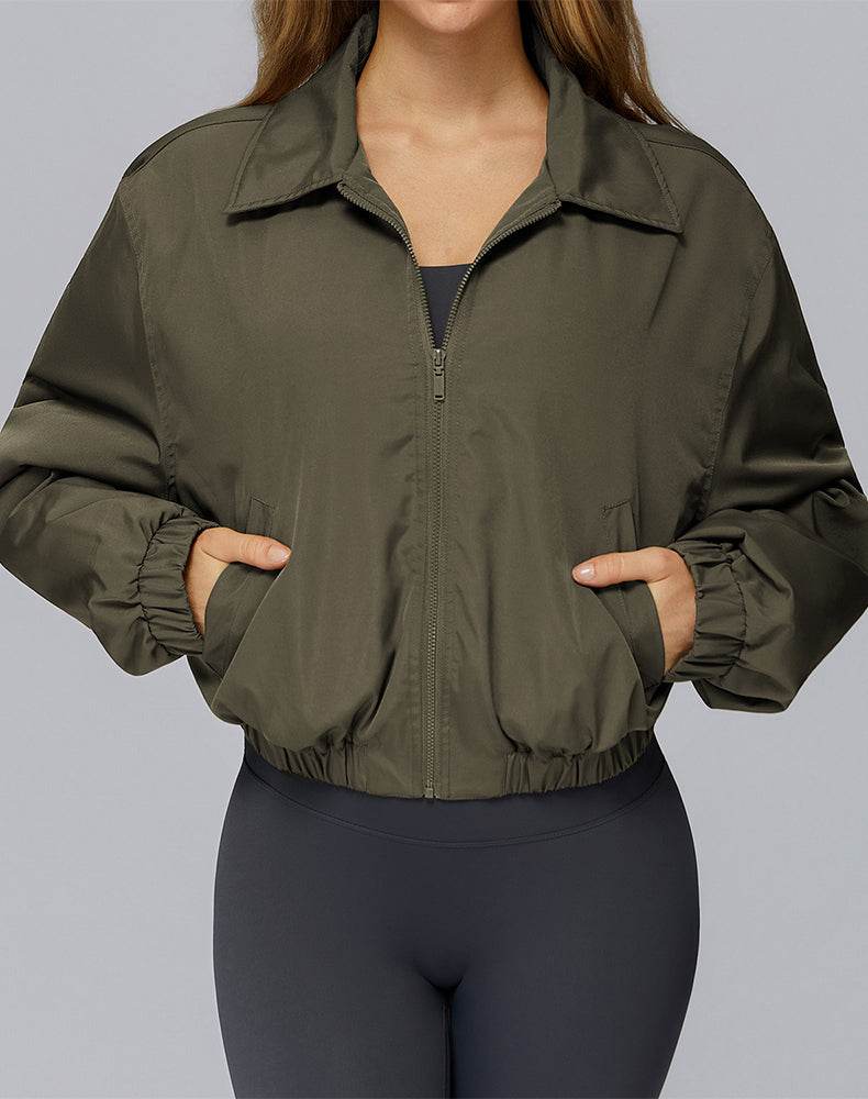 Stand Collar Casual Jacket Long Sleeve Tight Hem Crop Tops - Green